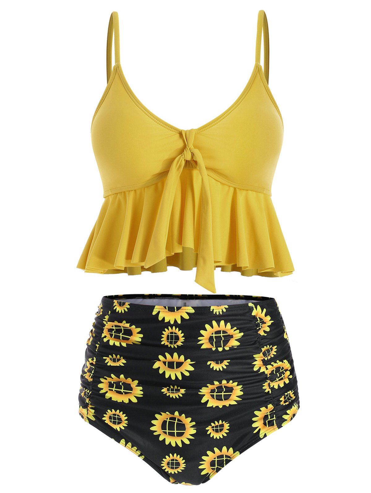 

Floral Print Ruched Ruffles Tankini Set, Sun yellow