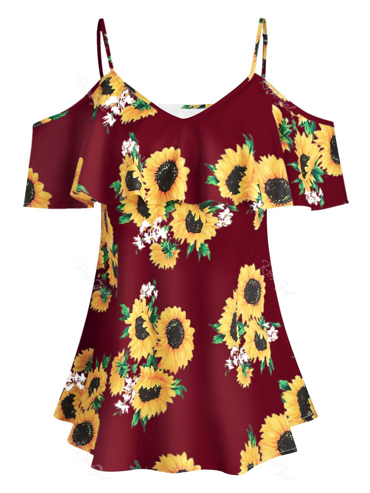

Plus Size Sunflower Print Ruffle Blouse, Red wine
