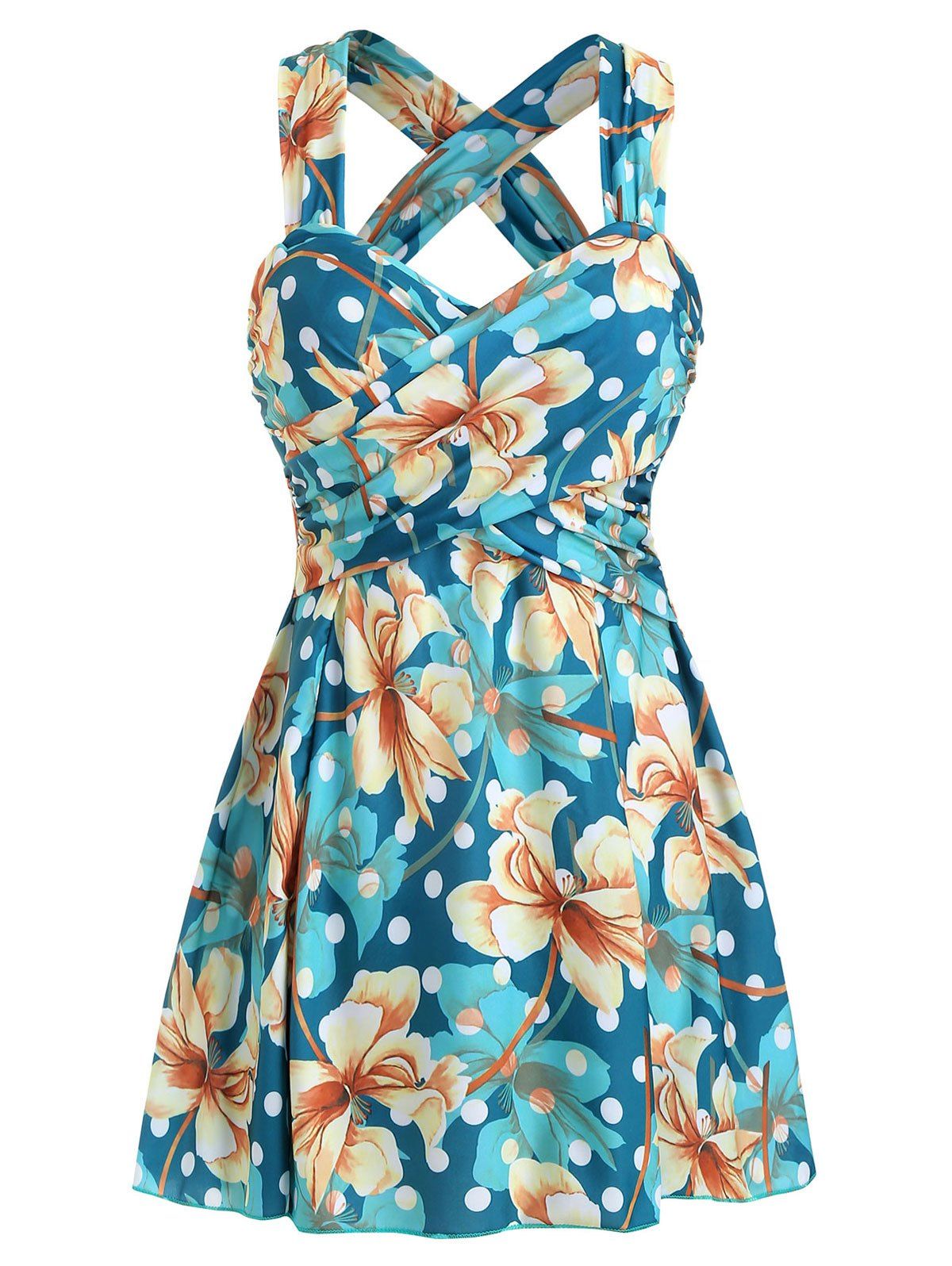 

Cross Polka Dot Floral One-piece Swimsuit, Multi-a