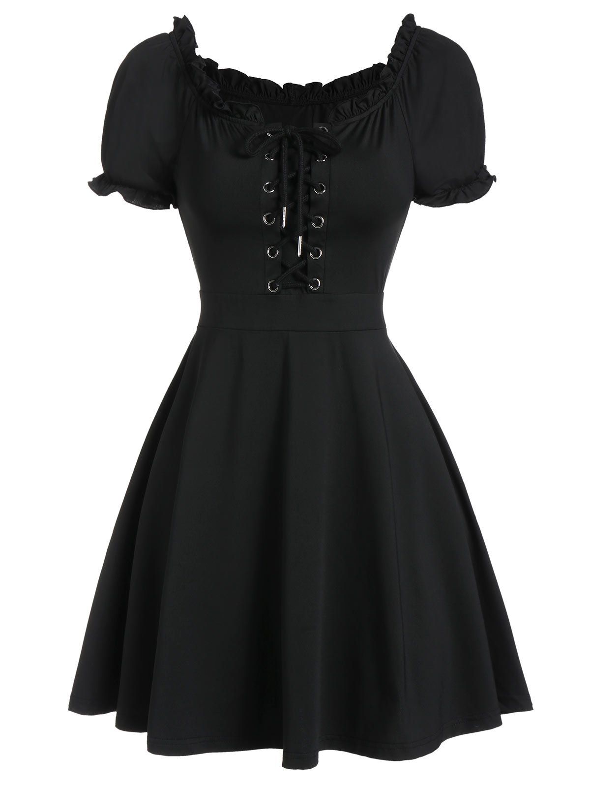 

Lace Up Front Ruffle Skater Dress, Black