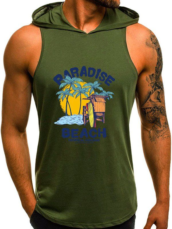 

Tropical Beach Holiday Print Hooded Tank Top, Army green