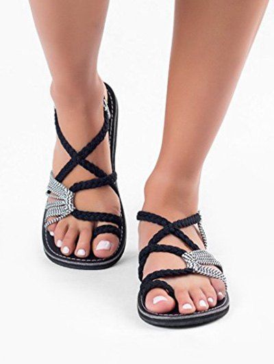 

Toe Loop Braided Strap Flat Sandals, Black
