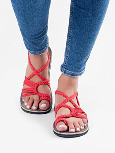 

Toe Loop Braided Strap Flat Sandals, Red