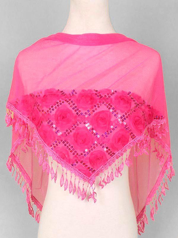 

Flower Lace Fringe Sequin Triangle Scarf, Rose red