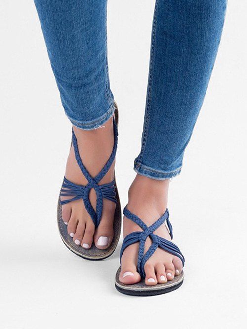 

Braided Strap Thong Flat Sandals, Deep blue