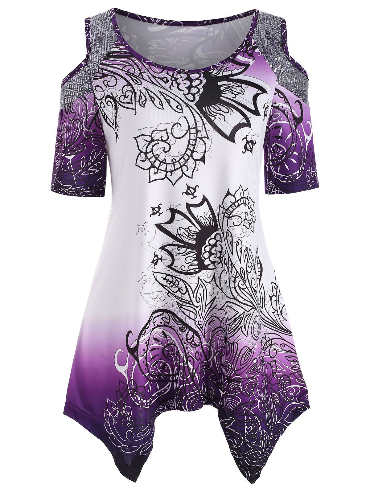 

Sequined Open Shoulder T-shirt, Purple