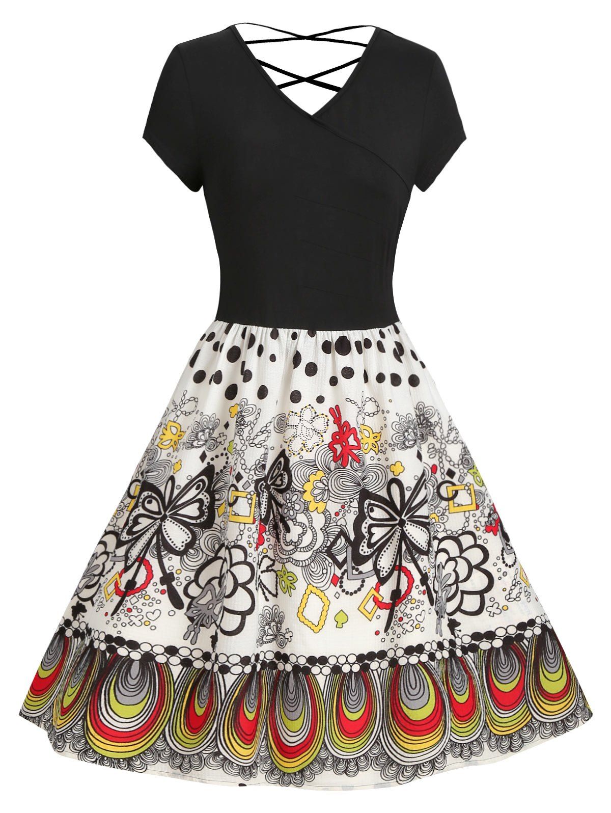 

Vintage Butterfly and Flower Print Criss-cross Dress, Black