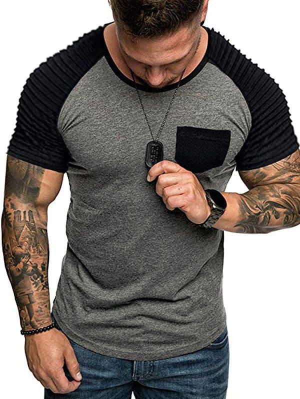

Color Block Pleated Raglan Sleeves T-shirt, Gray