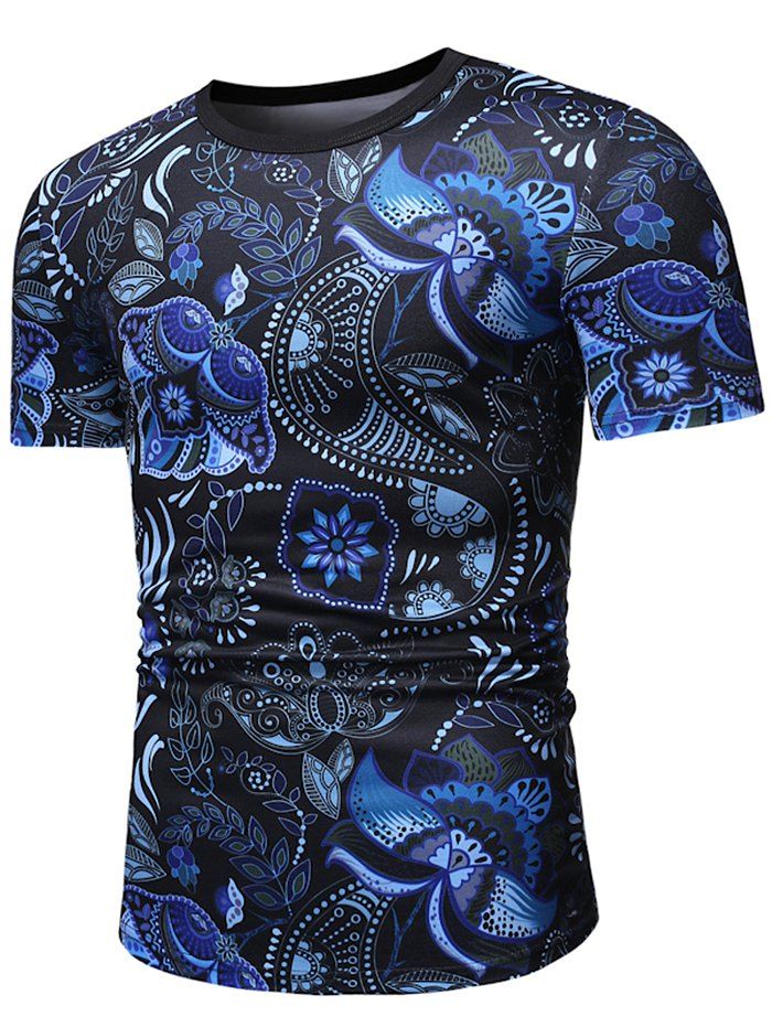 

Tribal Floral Print Short Sleeves T-shirt, Blue