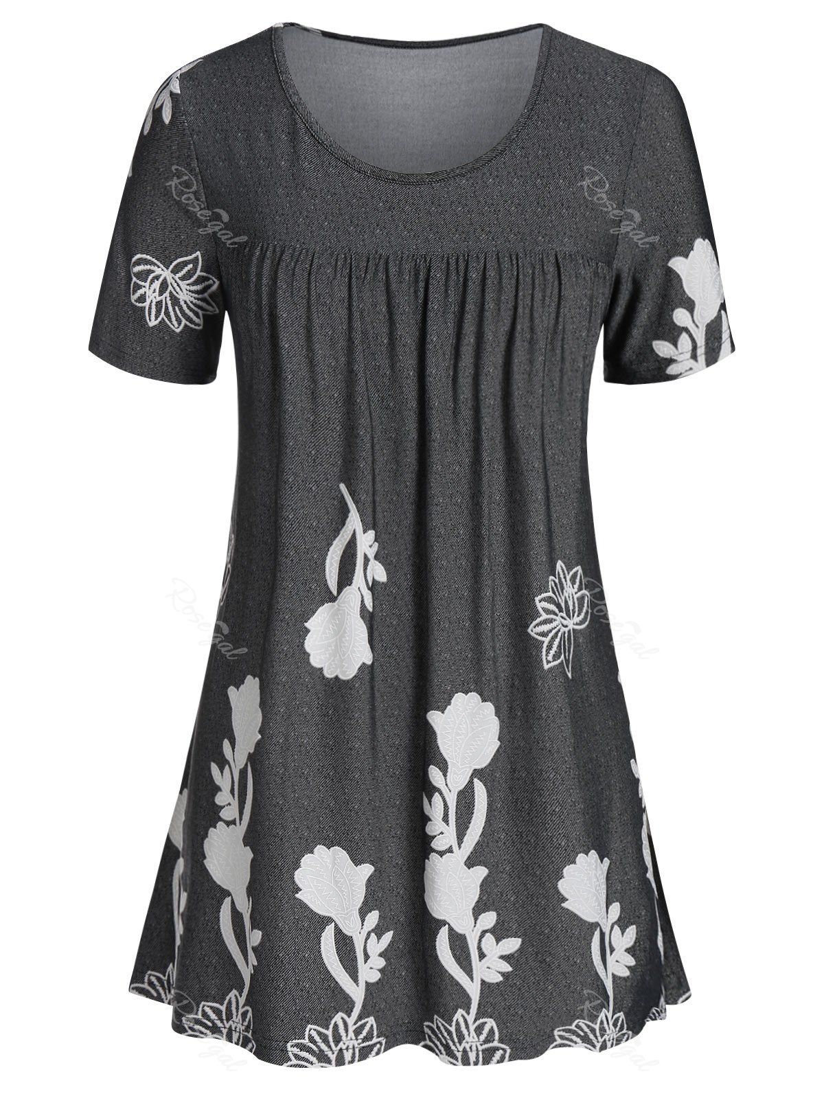 

Plus Size Floral Print Flare T Shirt, Carbon gray