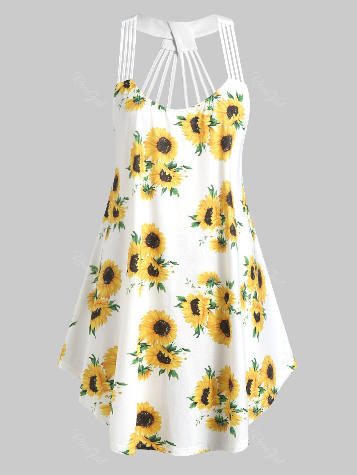 

Plus Size Strappy Sunflower Print Tank Top, White
