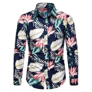 

Leaf Print Long Sleeve Holiday Shirt, Cadetblue