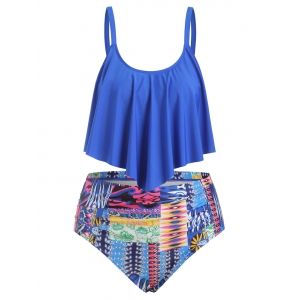 

Plus Size Ruffled High Rise Printed Tankini Set, Ocean blue