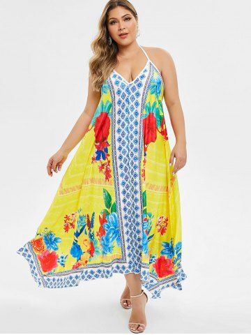 

Plus Size Handkerchief Floral Backless Maxi Dress, Yellow