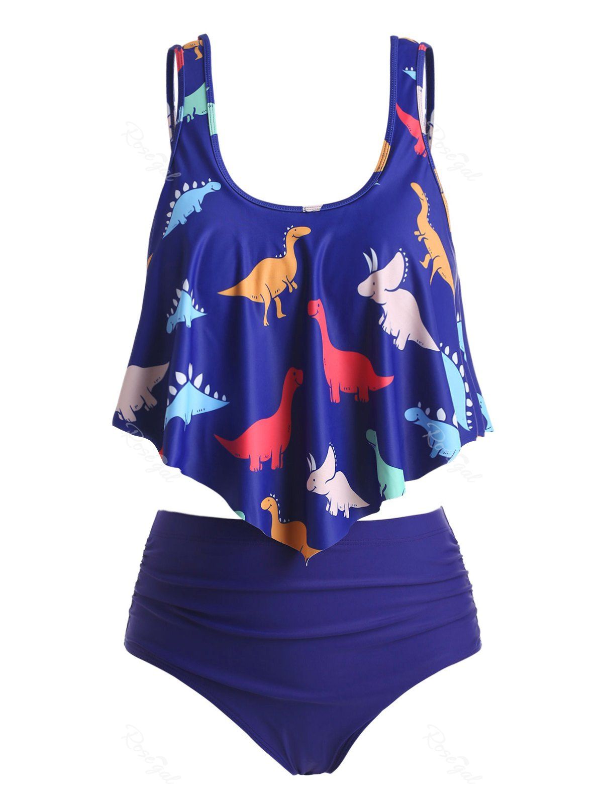 

Dinosaur Print Contrast Overlay Plus Size Tankini Set, Cobalt blue
