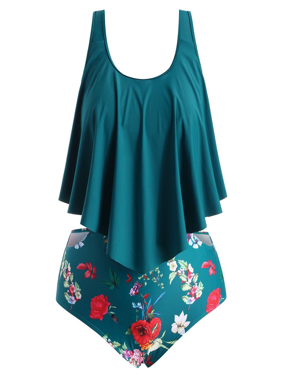 

Plus Size Floral Cutout Flounce Tankini Set, Peacock blue