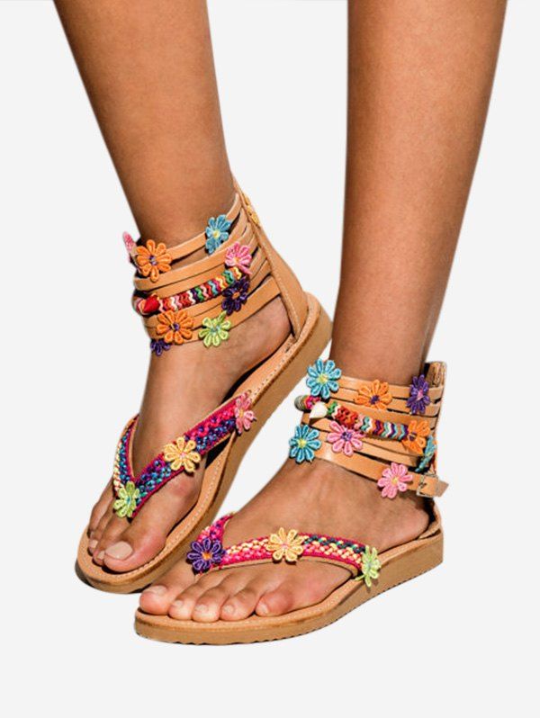 

Flower Decor Gladiator Thong Sandals, Brown