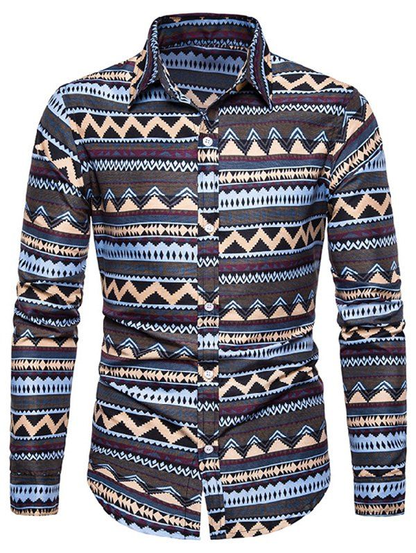 

Ethnic Chevron Print Long Sleeve Shirt, Coffee