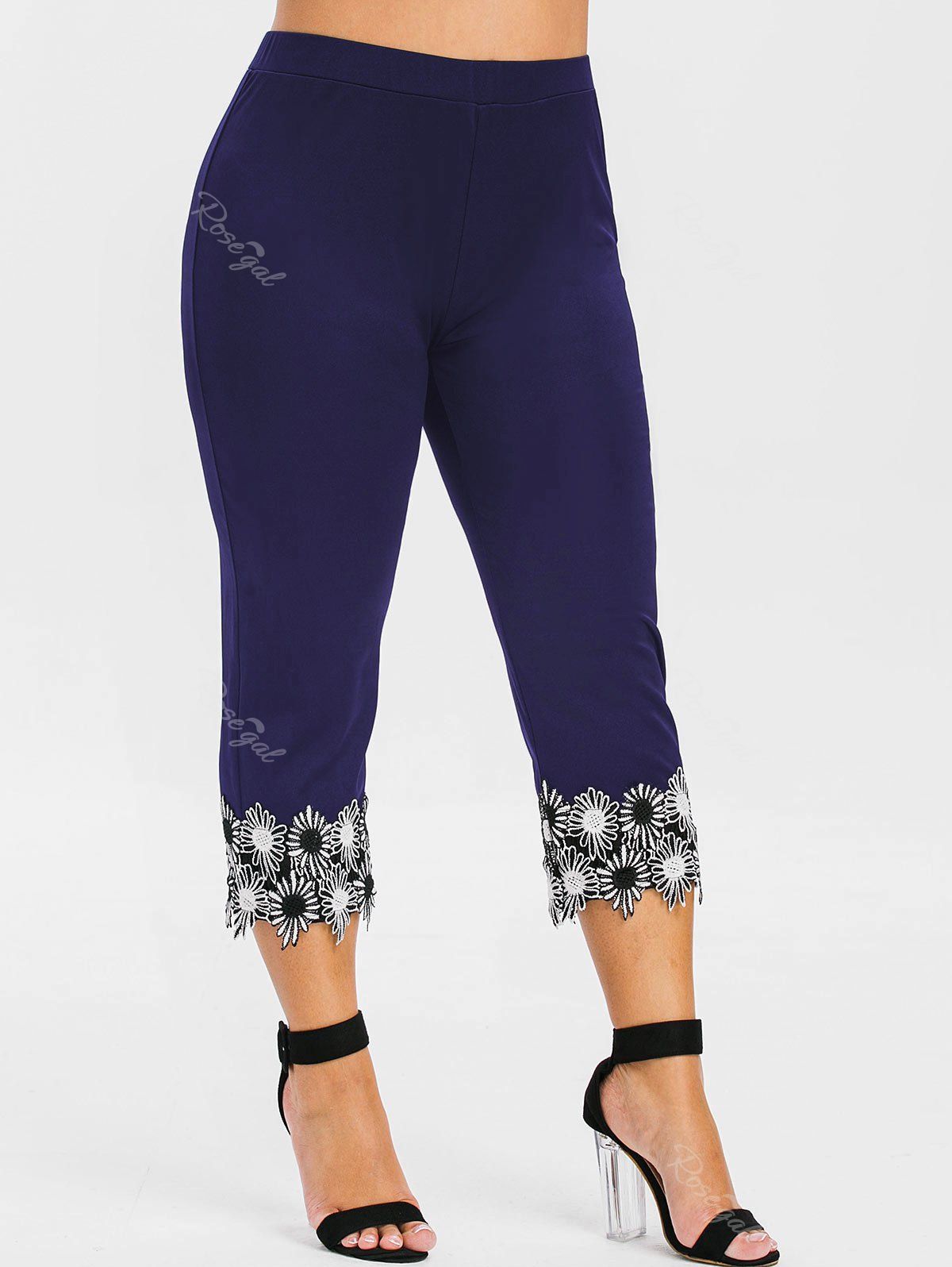 Lace Applique Plus Size Capri Leggings, Midnight blue