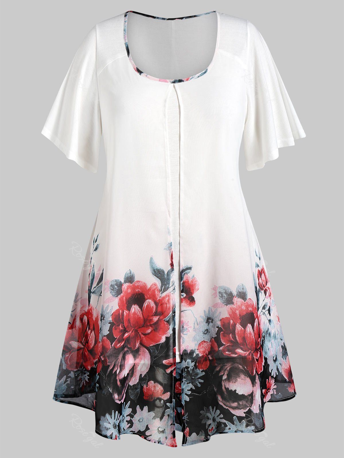 Cheap Plus Size Floral Overlay Layered Blouse  