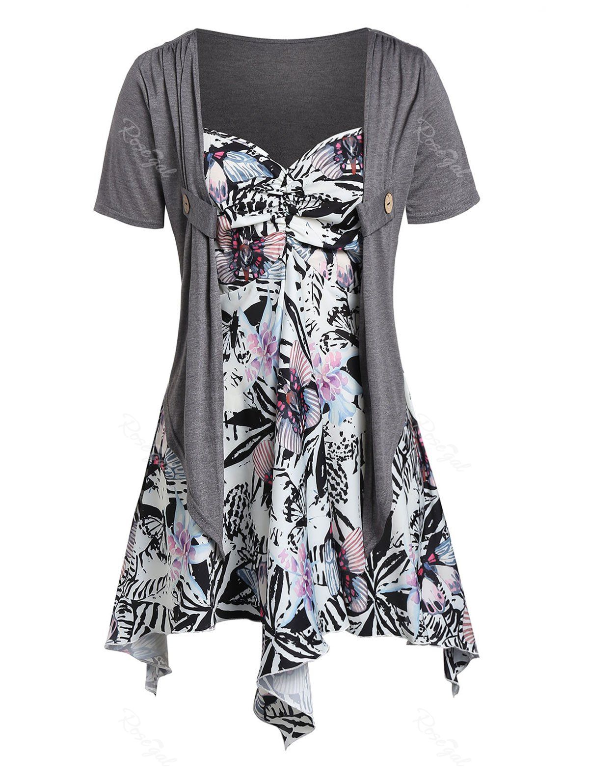 

Plus Size Asymmetrical Shawl Top With Floral Cami Top, Gray