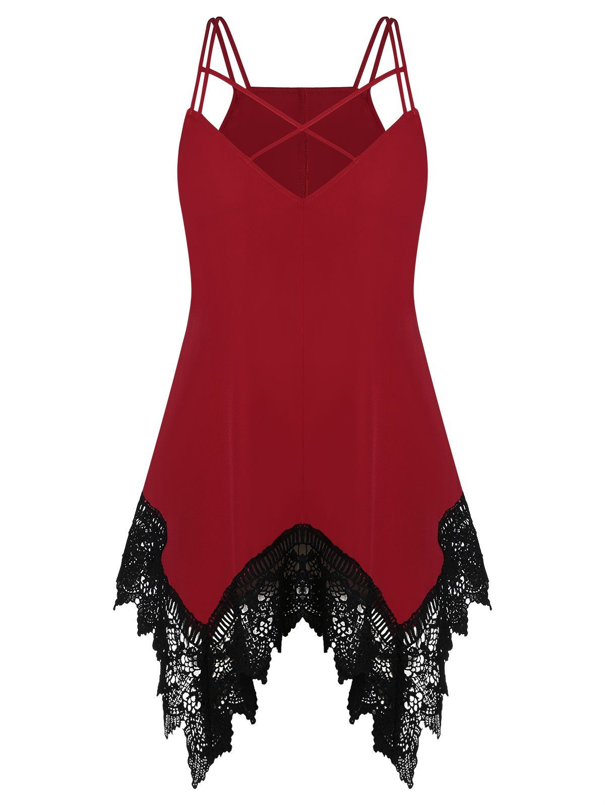 

Plus Size Criss Cross Lace Hem Strappy Cami Top, Red wine