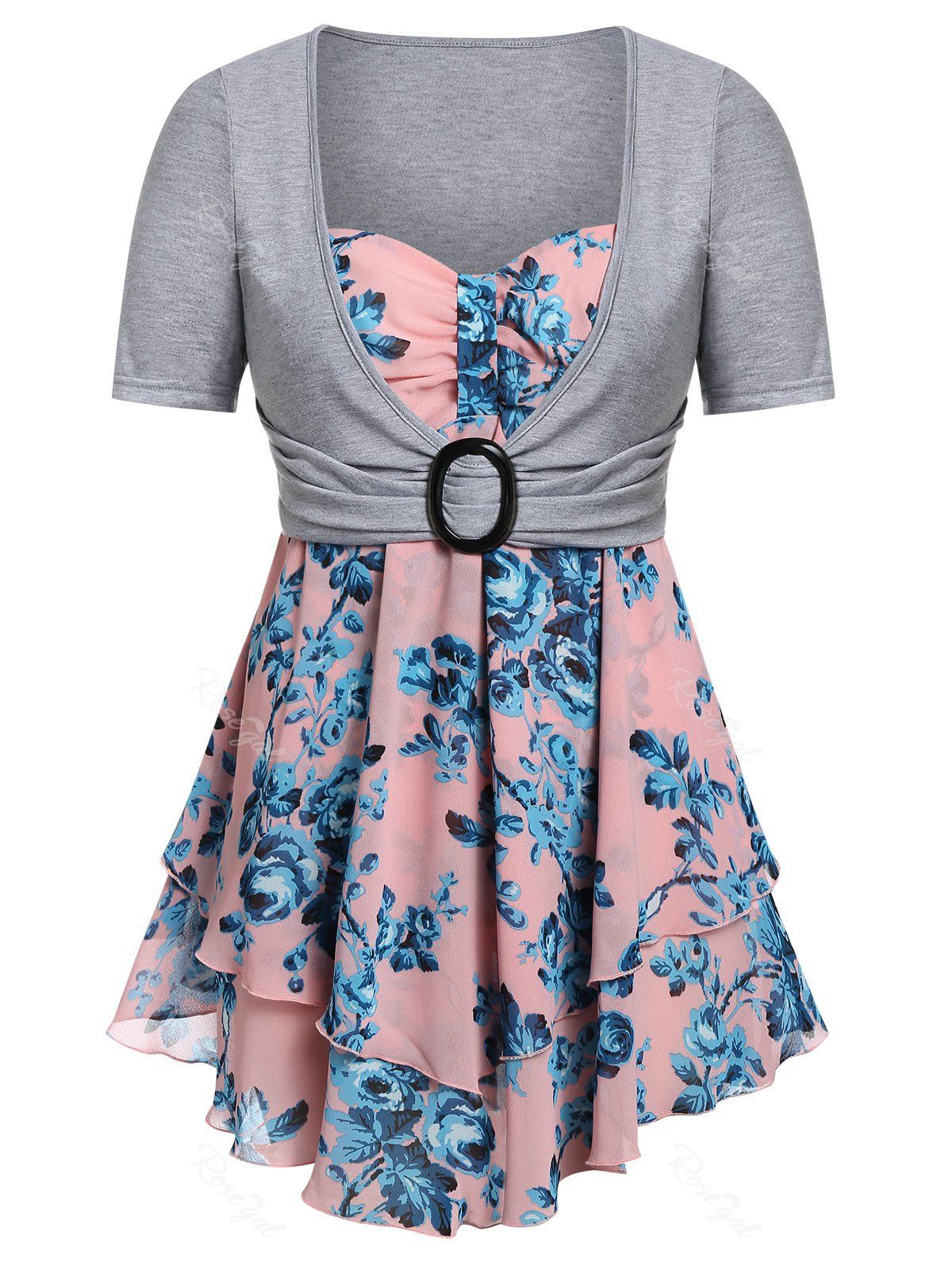 

Plus Size Floral Layered Empire Waist Cami With Knotted Top, Pig pink