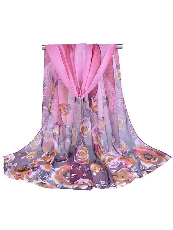

Flower Printed Chiffon Long Scarf, Red wine