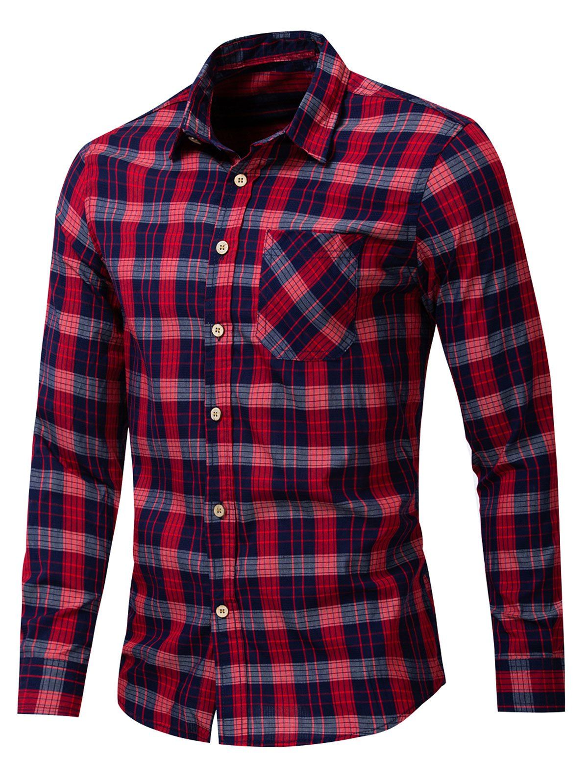 

Plaid Print Pocket Decoration Casual Shirt, Red wine