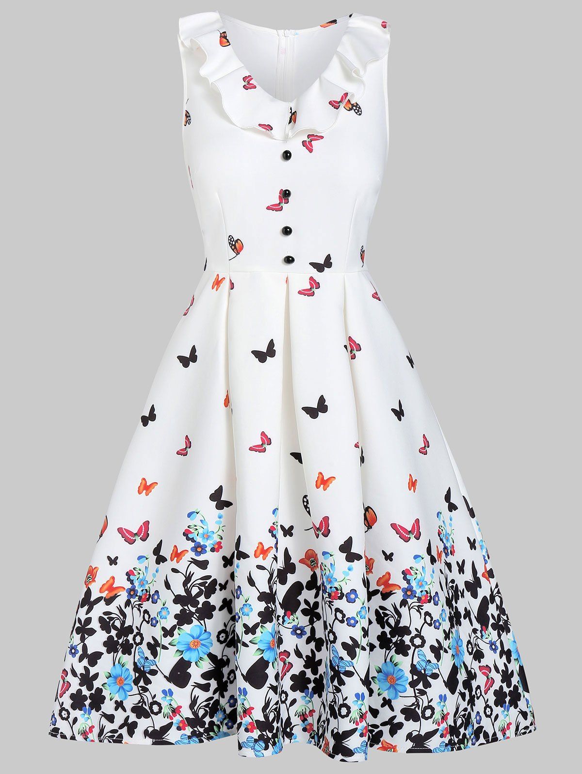 [25% OFF] Fit And Flare Zippered Butterfly Print Dress | Rosegal