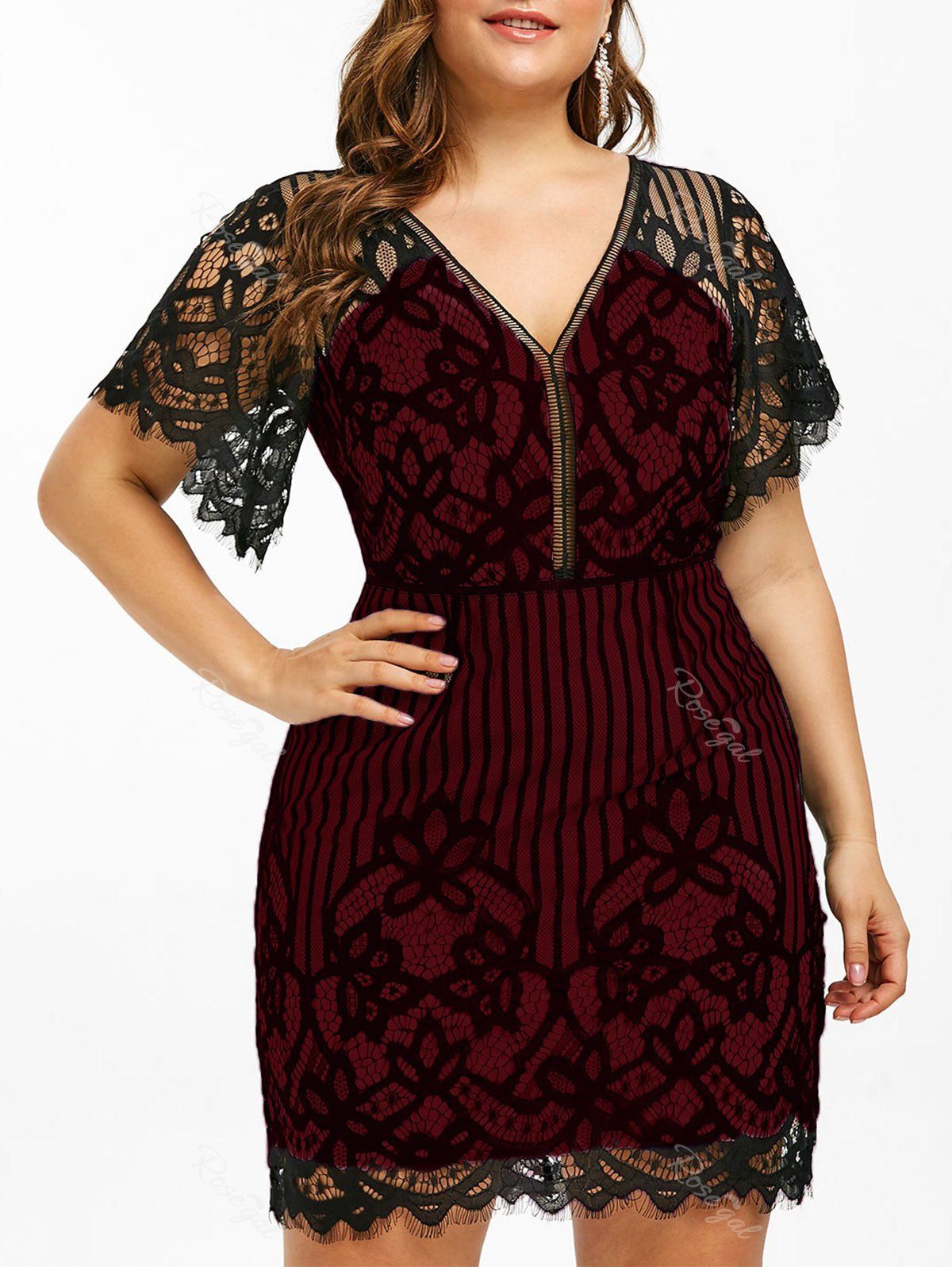 

Lace Eyelash Plus Size Plunge Short Dress, Red wine