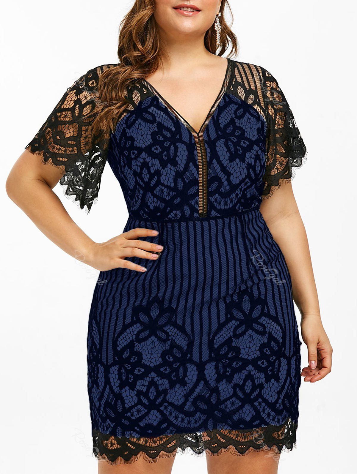 

Lace Eyelash Plus Size Plunge Short Dress, Blueberry blue