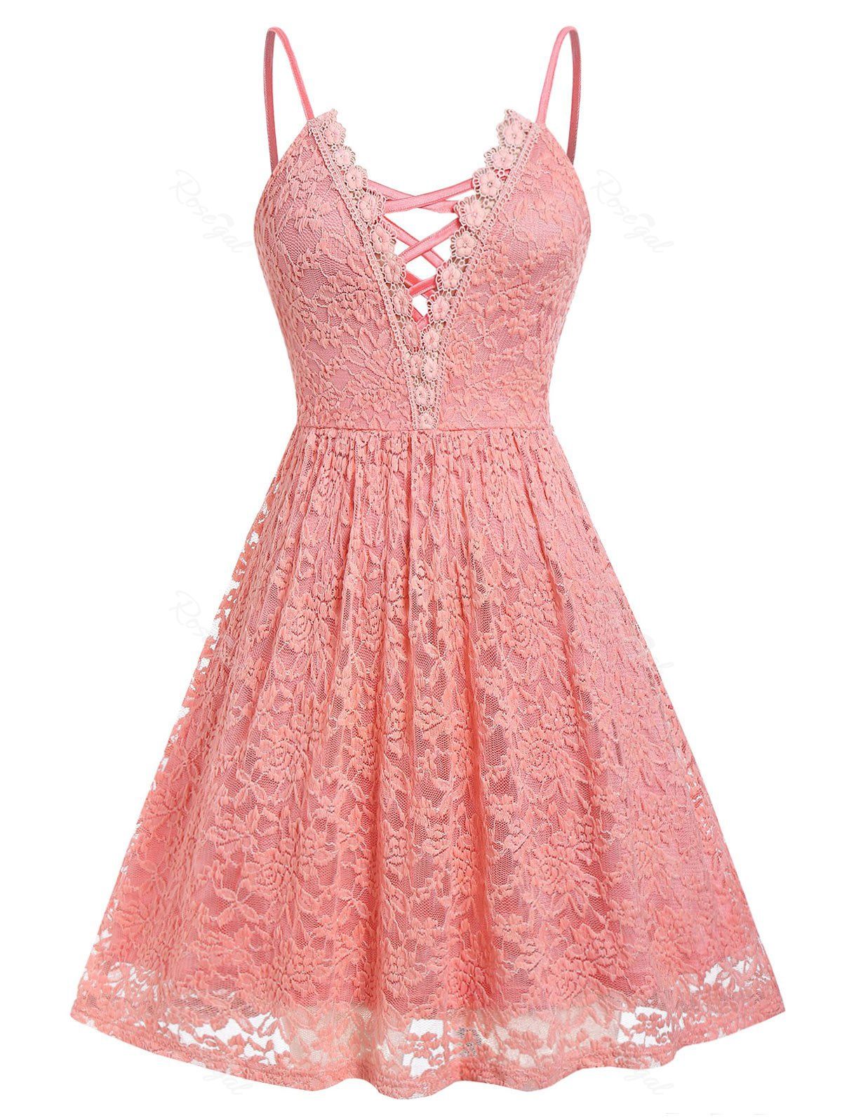 

Criss Cross Lace Plus Size Cami Mini Dress, Light coral