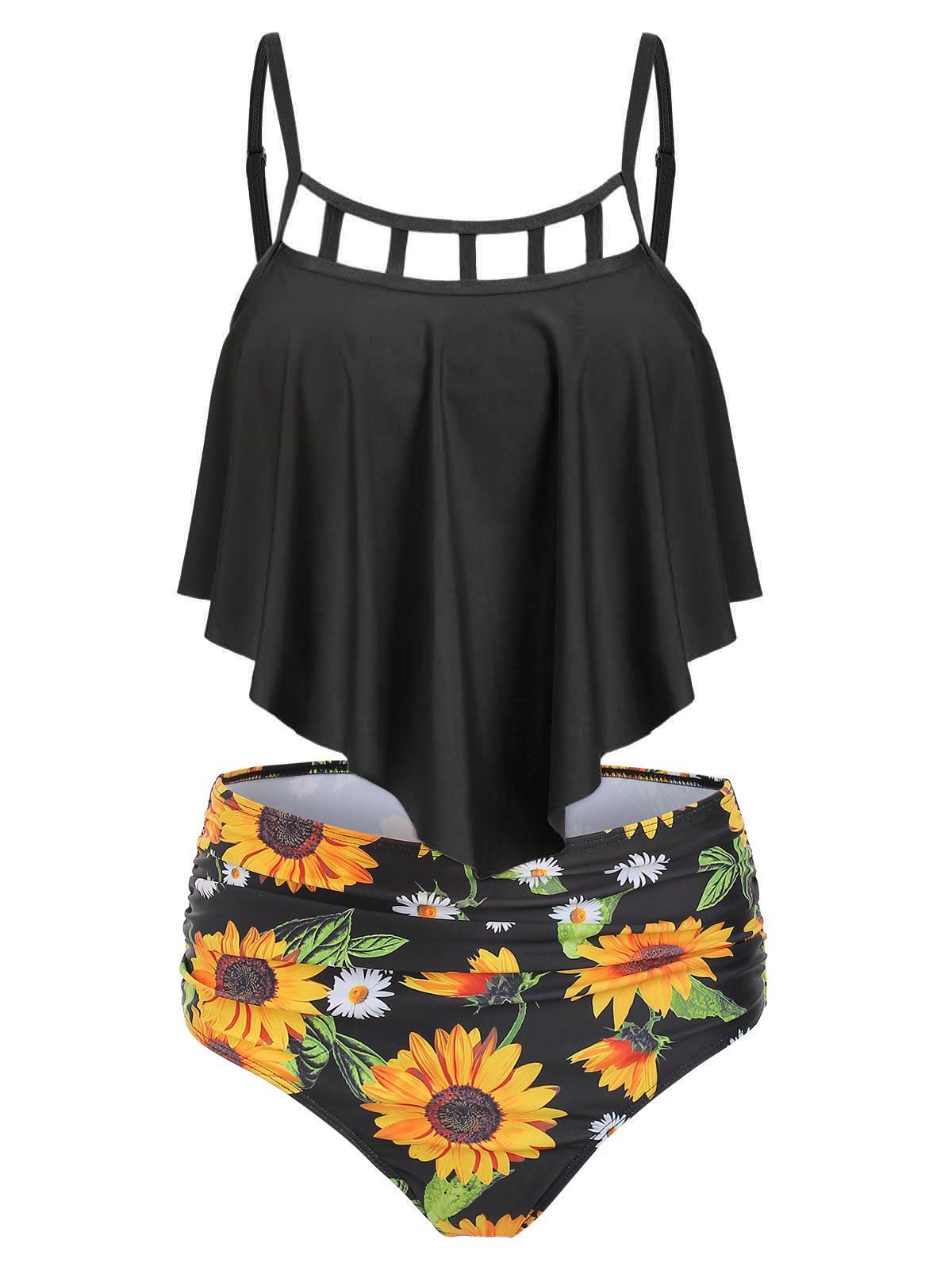 

Ruched Sunflower Overlay Tankini Set, Black