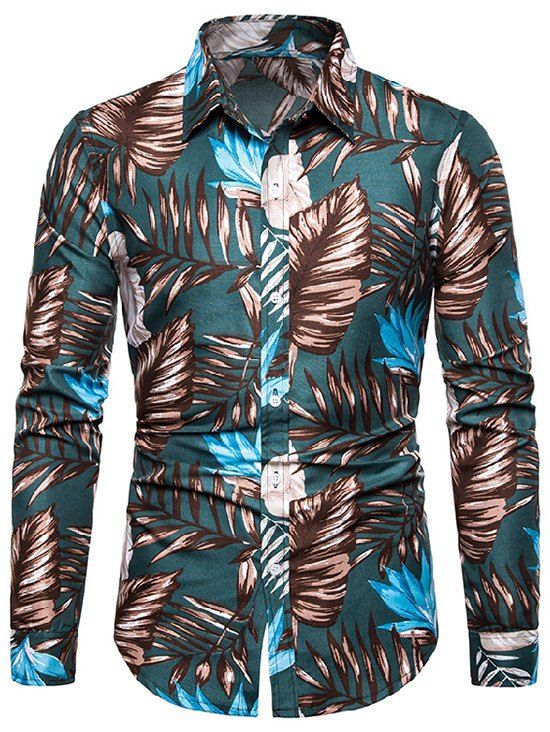 

Leaf Print Long Sleeve Holiday Shirt, Deep green