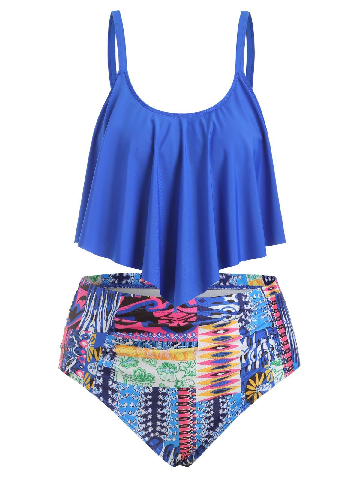 

Plus Size Ruffled High Rise Printed Tankini Set, Ocean blue