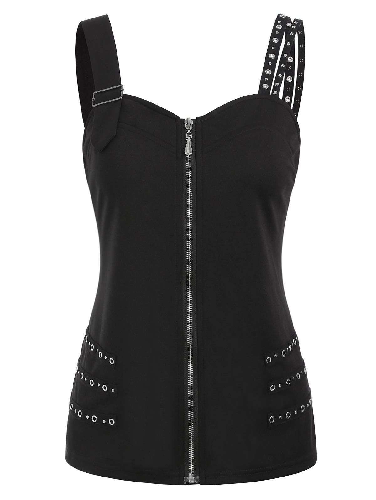 

Zipper Embellished Grommet Tank Top, Black
