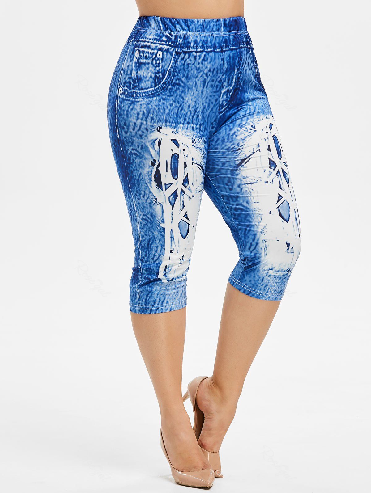 

Plus Size 3D Jeans Print Capri Leggings, Blue gray