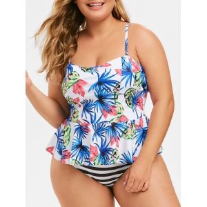 

Plus Size Striped Leaf Peplum Tankini Set, Multi