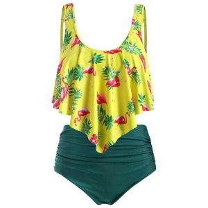 

Plus Size Ruffled Flamingo Print High Rise Tankini Set, Multi a