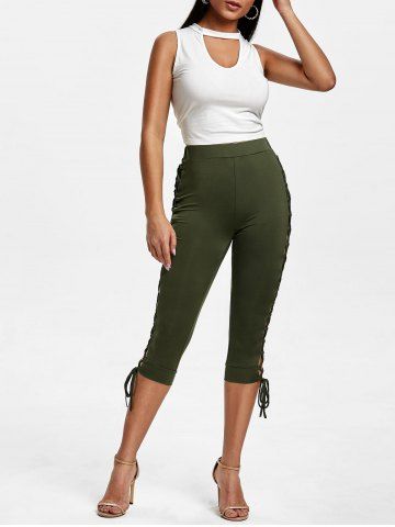 

Lace Up High Waisted Skinny Capri Pants, Army green
