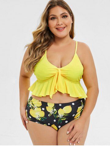 

Plus Size Front Knot Lemon Print Bikini Set, Yellow