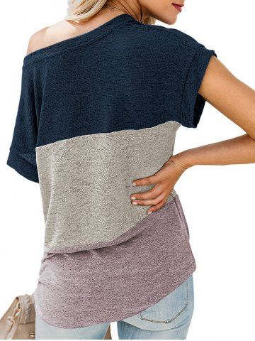 

Color Block Skew Neck T-shirt, Deep blue
