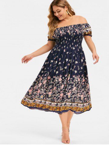 

Plus Size Off Shoulder Midi Floral Dress, Cadetblue