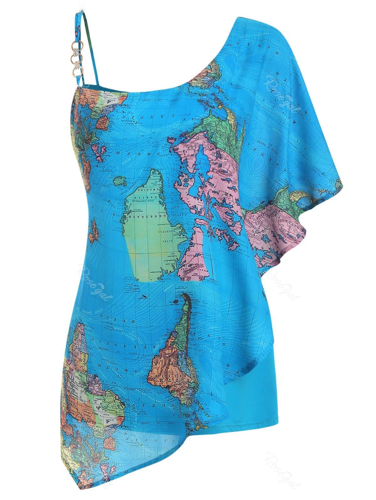 

Cape Map Print Cold Shoulder Plus Size Blouse, Blue