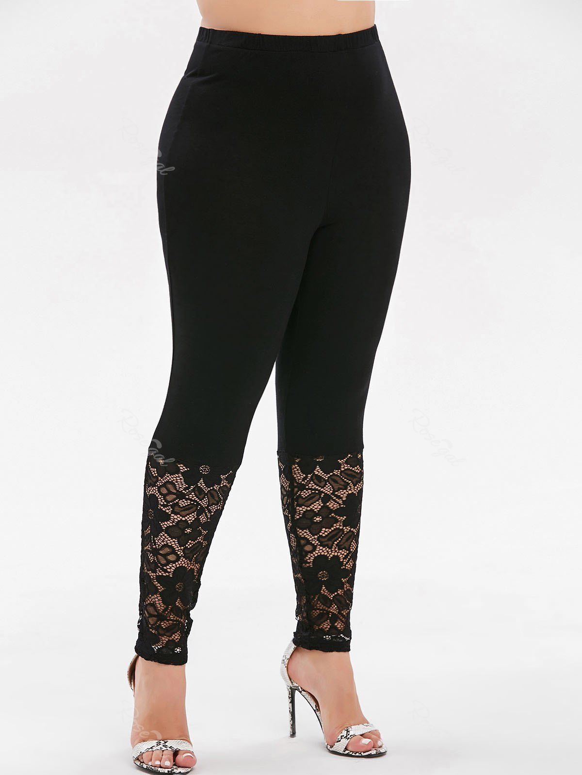 

High Waisted Lace Panel Plus Size Leggings, Black