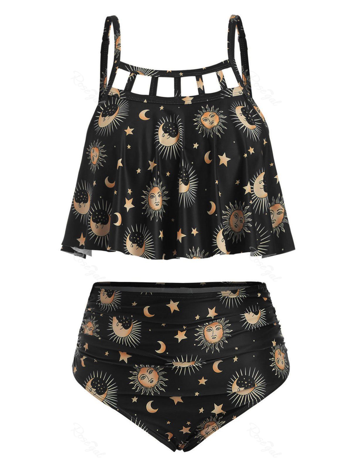 

Plus Size Ruffle Sun Moons Print Tankini Set, Black