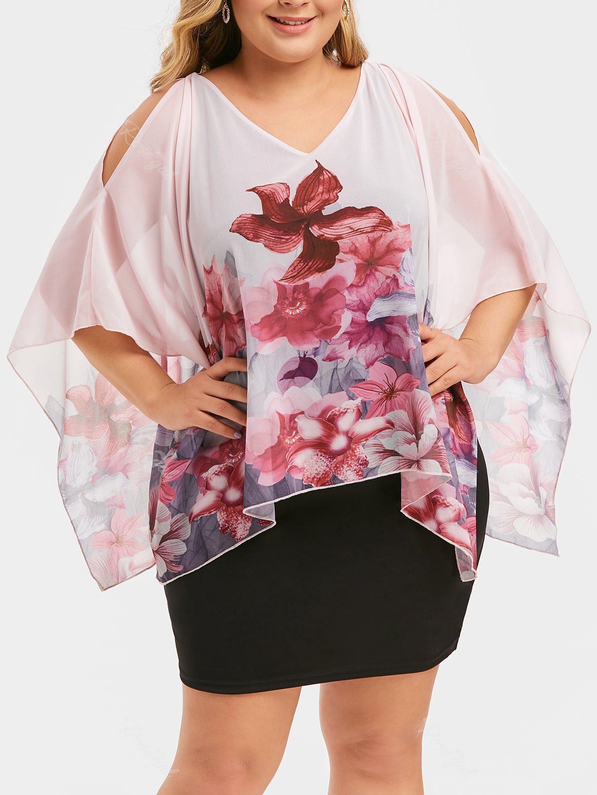 

Plus Size Floral Overlay Cold Shoulder Sheath Dress, Rose red