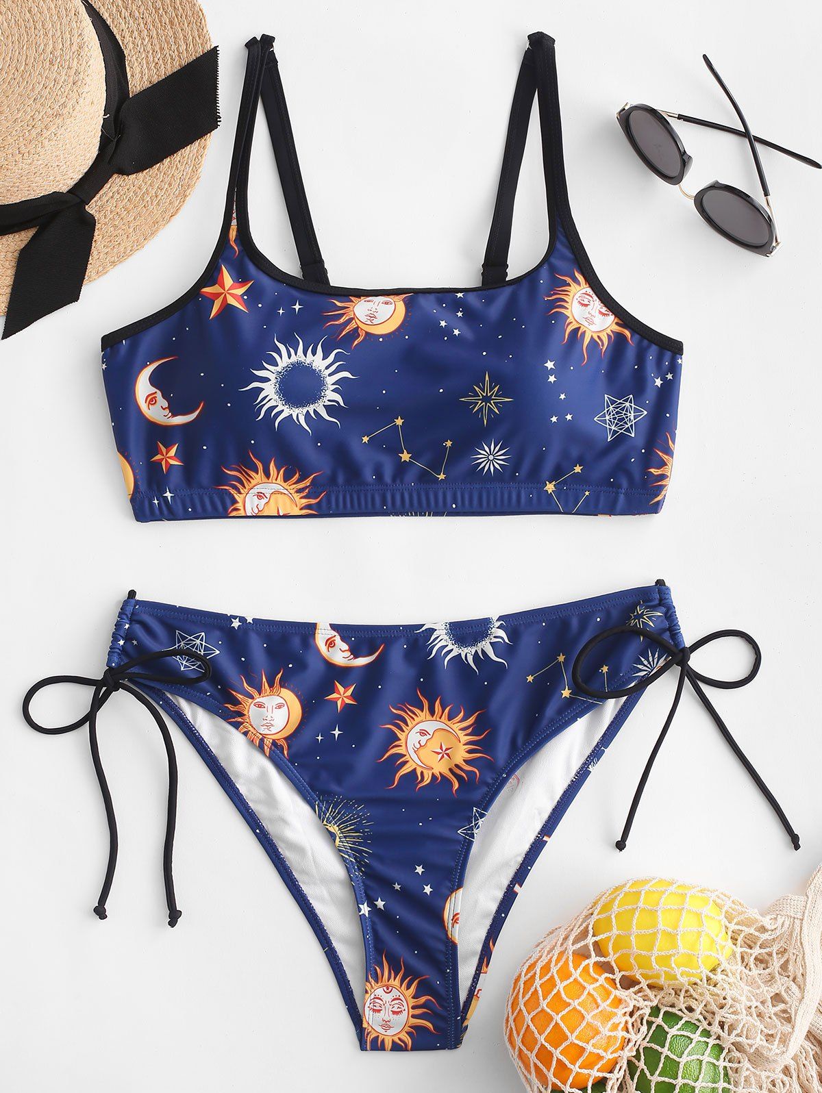 [56% OFF] Sun Stars Moon Print Tie Side Bikini Swimsuit | Rosegal