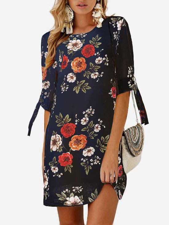

Flower Tie Cuffs Tunic Dress, Multi-a